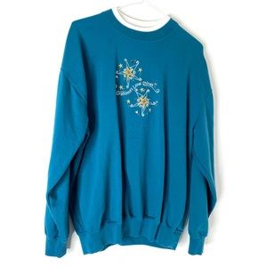 Vintage Embroidered Teal Blue Grandma Sweatshirt Cozy Retro Cute